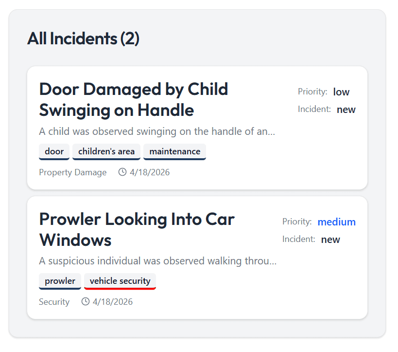 Church security incident list with priority and status details