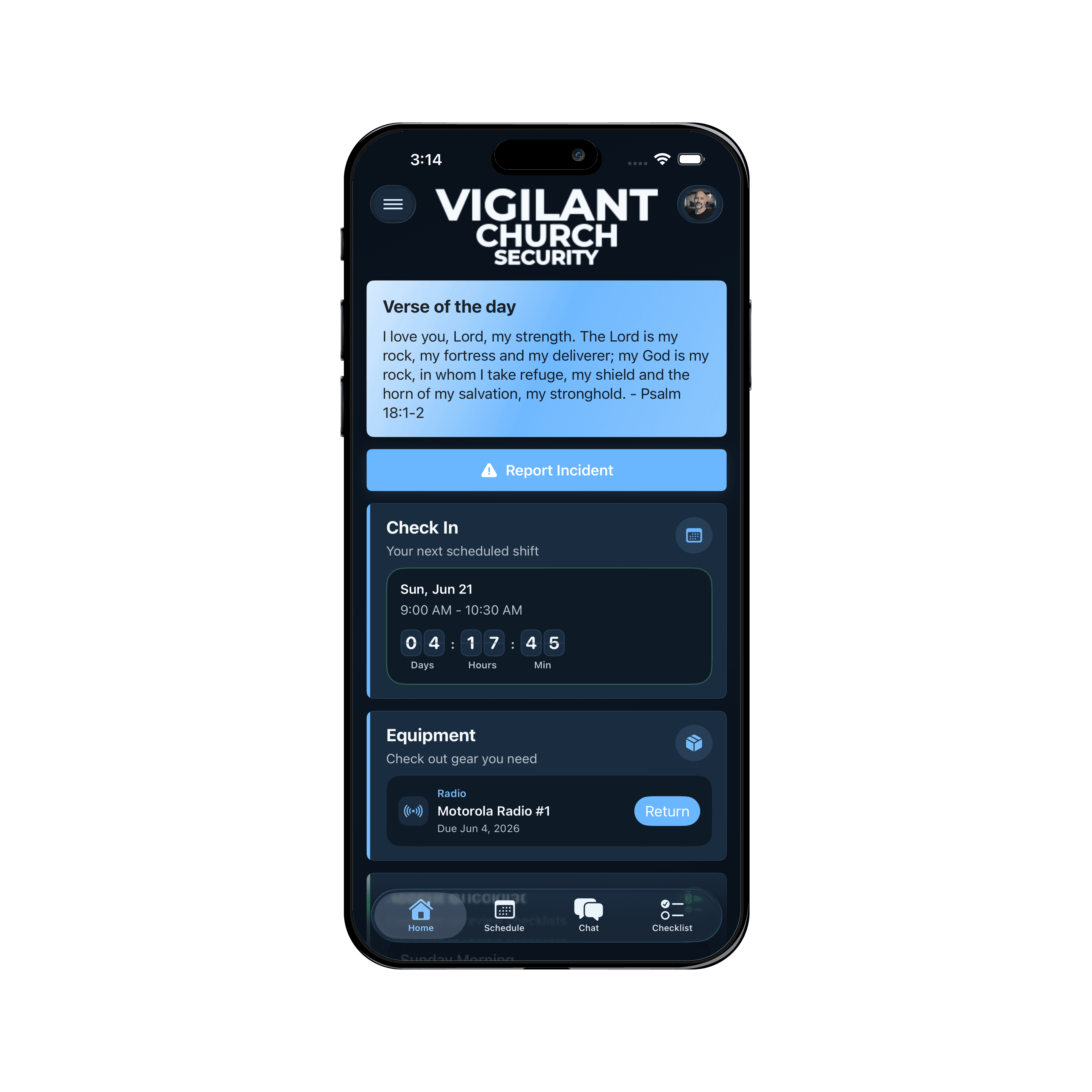 Vigilant Church Security iPhone mobile dashboard with shift, equipment, and checklist cards