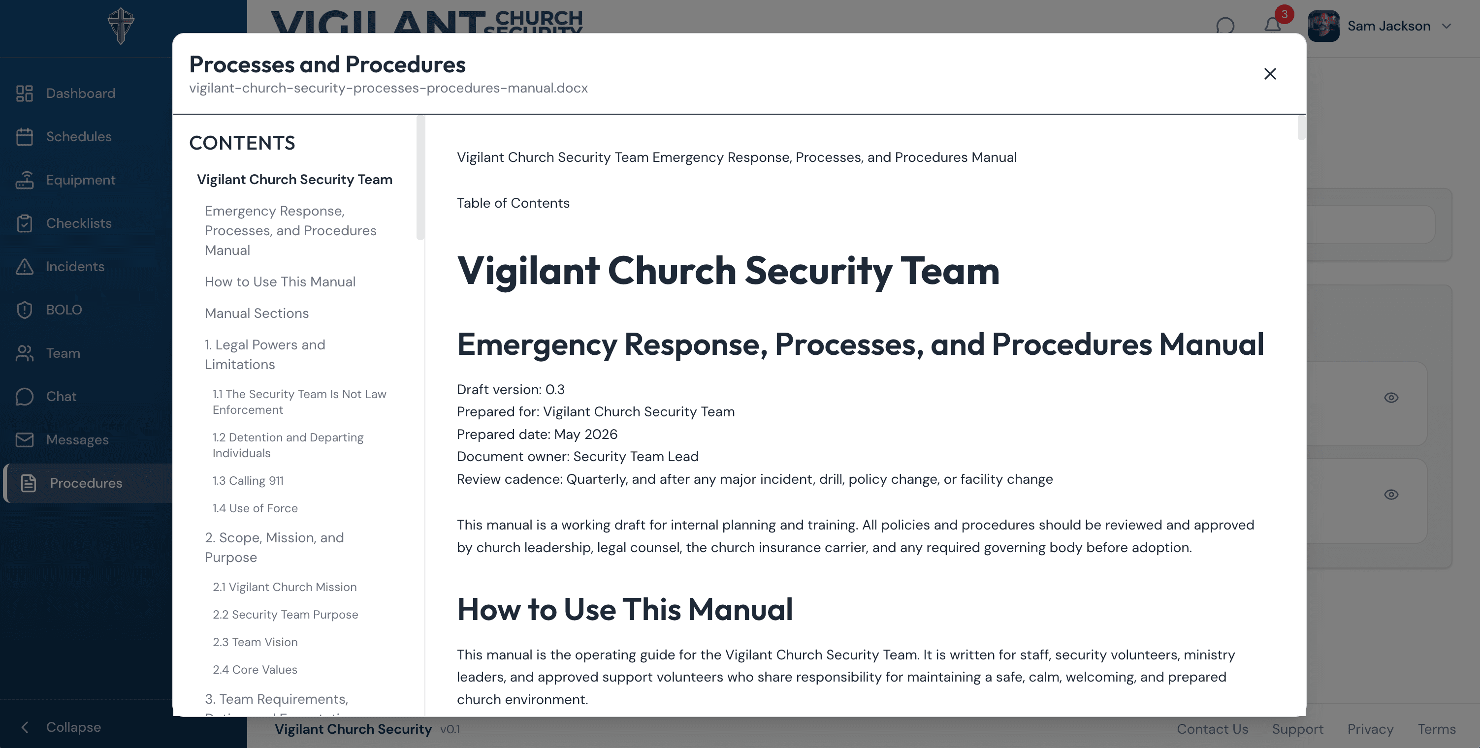 Vigilant Church Security procedures manual with table of contents and document viewer
