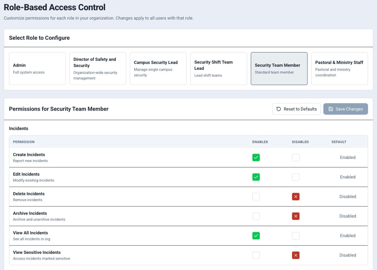 Security Team Member role selection and the incident-permissions matrix.